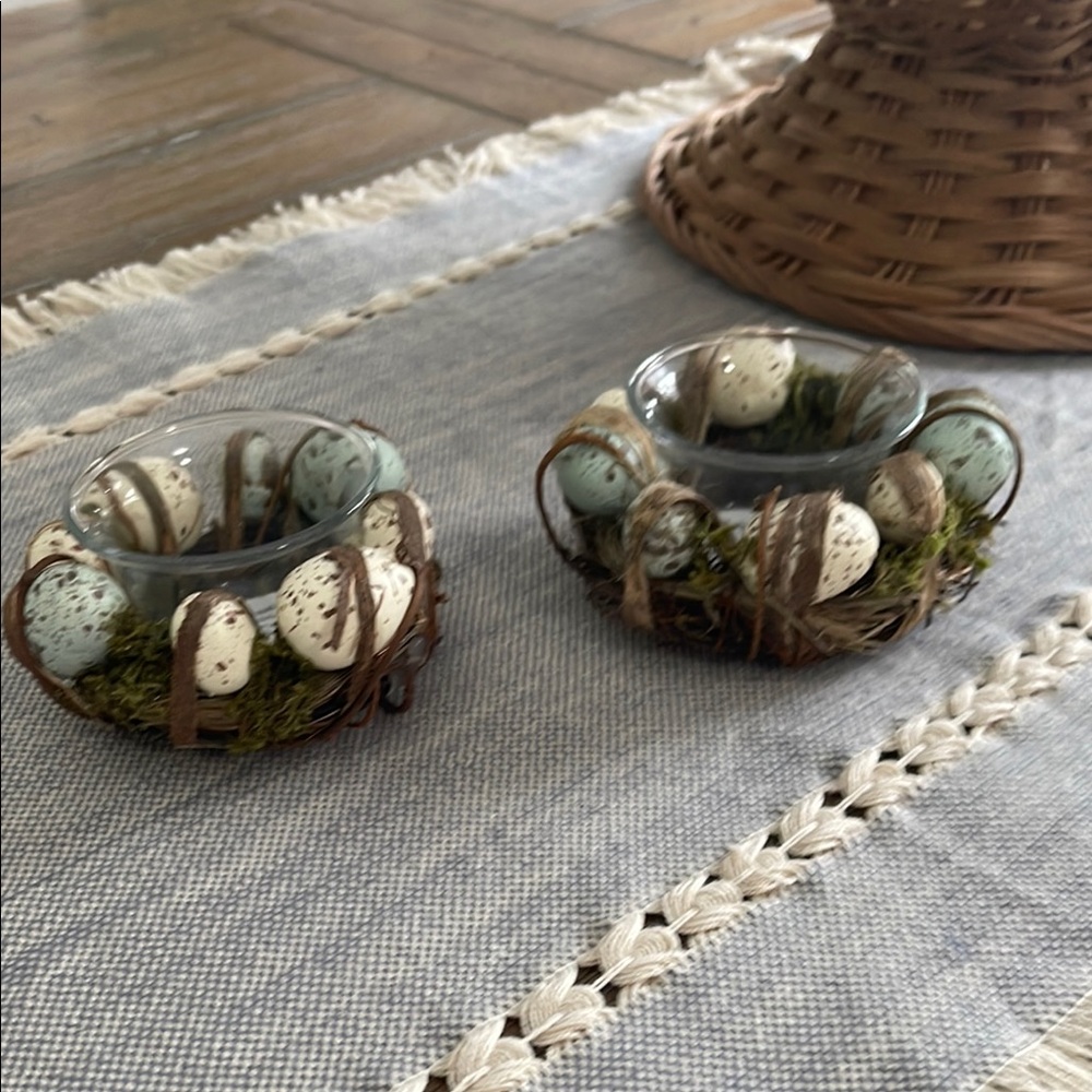 Pier 1 Decorative Egg and Moss Candle Holders